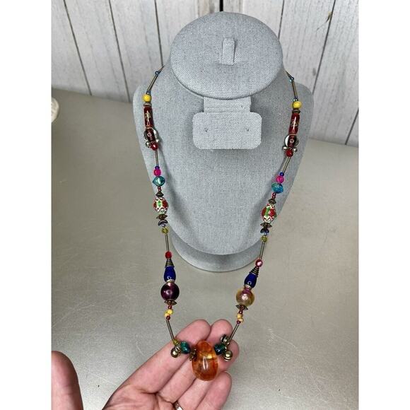 Treska Necklace Multicolor Glass Beads Floral Mixed Media Boho Statement - Picture 2 of 5